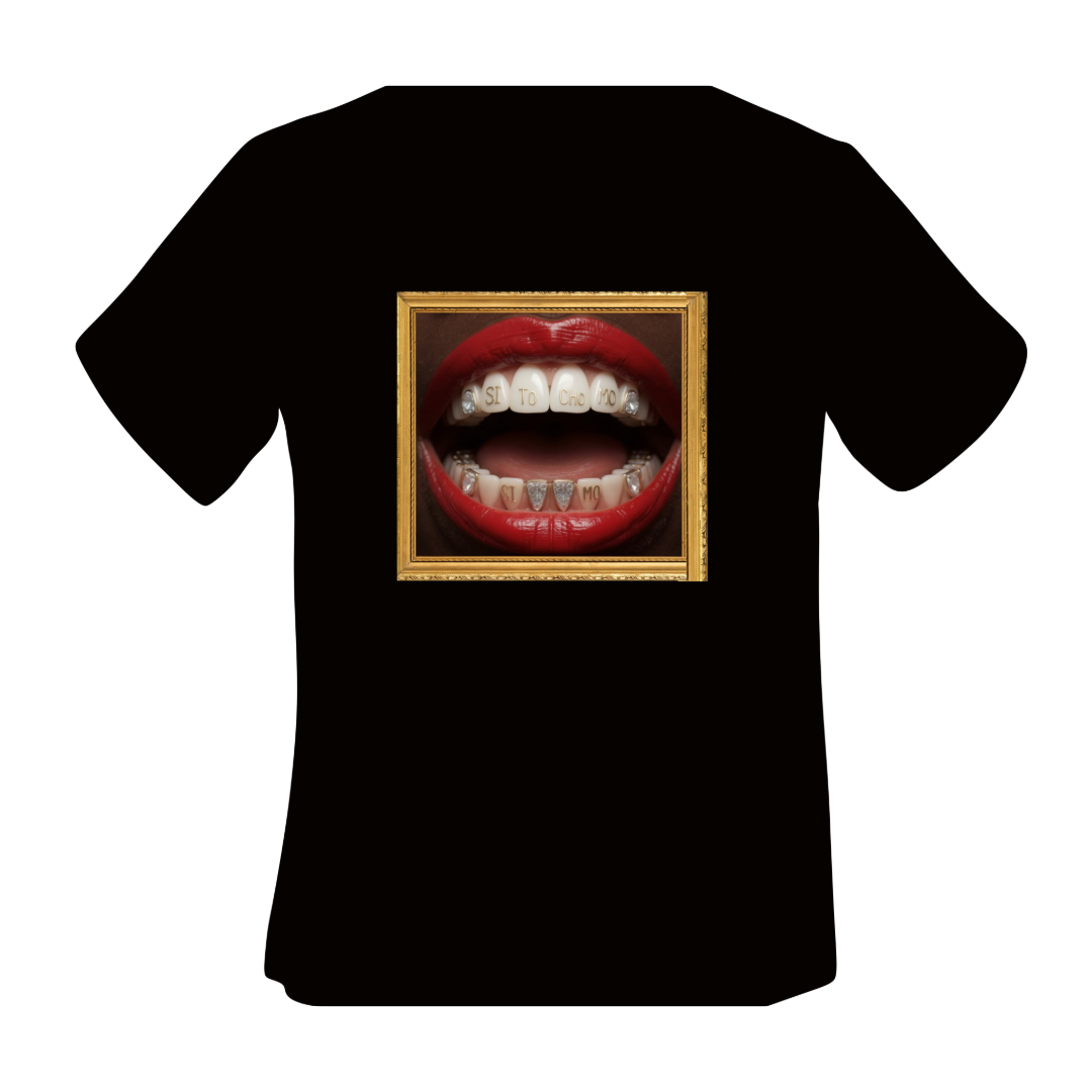 Black t-shirt with a graphic of red lips in a gold frame on a black background